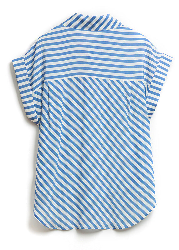 Blue Peter Pan Collar Striped Button Low High Design Silk Shirts Summer