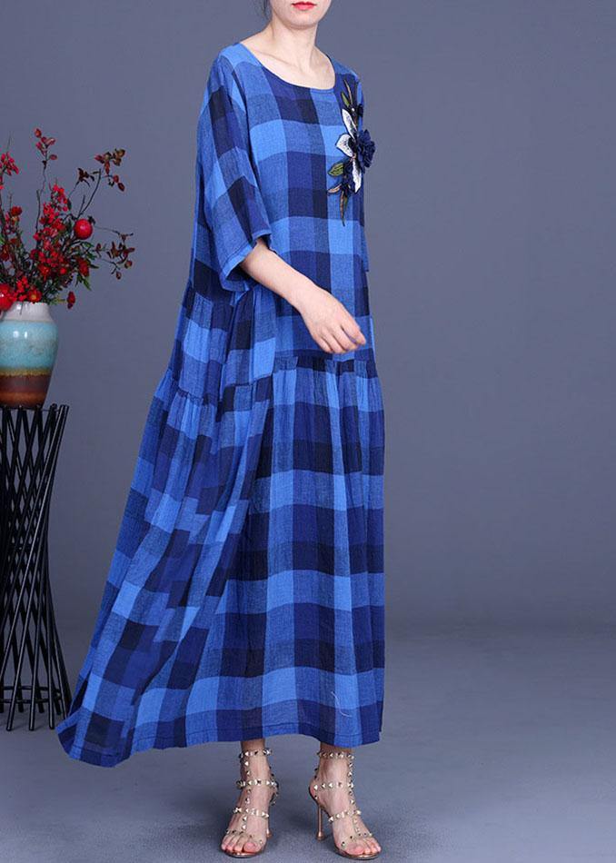 Blue Plaid Linen Embroideried Summer Long Dress