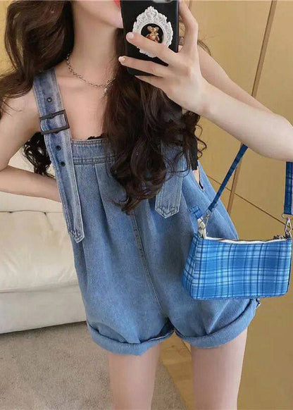 Blue Pockets Patchwork Denim Jumpsuits Summer