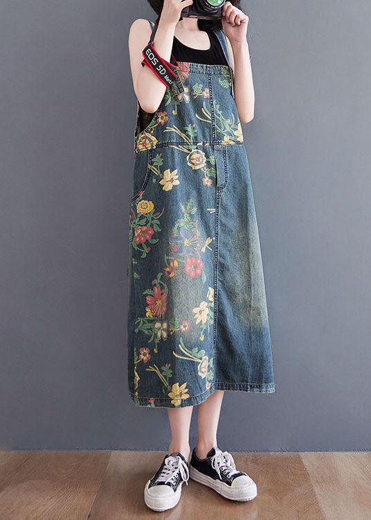 Blue Pockets Print Patchwork Denim Dresses Summer
