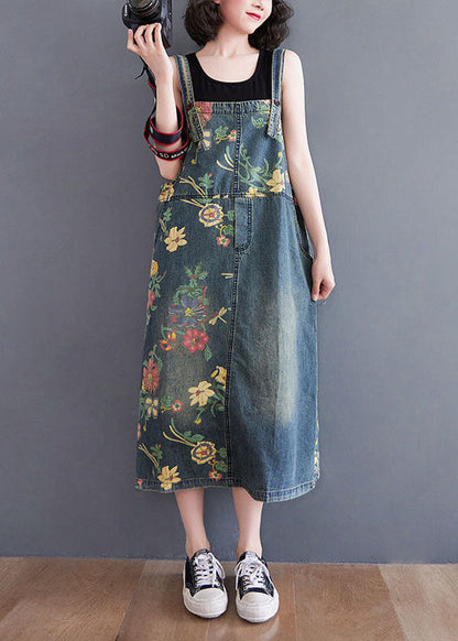 Blue Pockets Print Patchwork Denim Dresses Summer