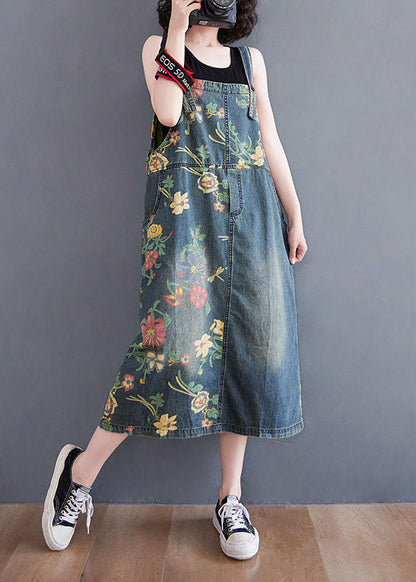 Blue Pockets Print Patchwork Denim Dresses Summer