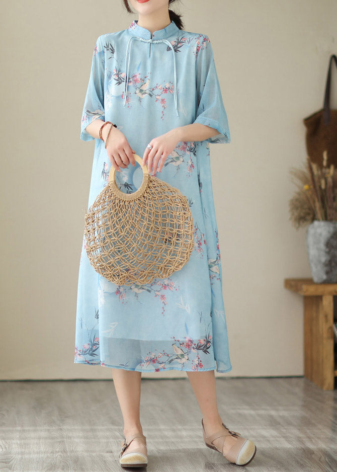 Blue Print Chiffon Long Dresses Summer