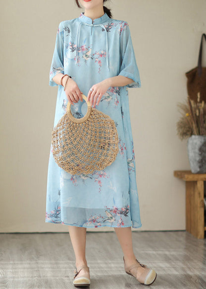 Blue Print Chiffon Long Dresses Summer
