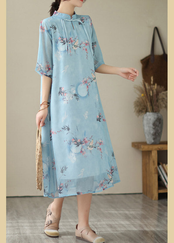 Blue Print Chiffon Long Dresses Summer