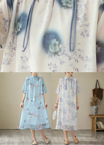 Blue Print Chiffon Long Dresses Summer