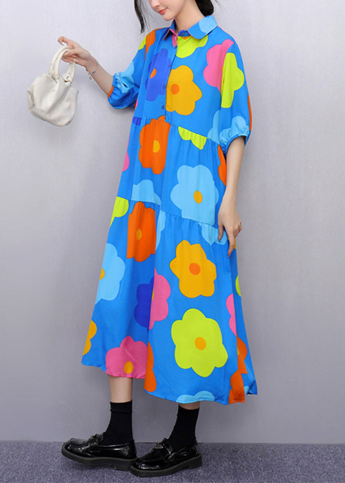 Blue Print Pockets Patchwork Cotton Blouses Dresses Half Sleeve