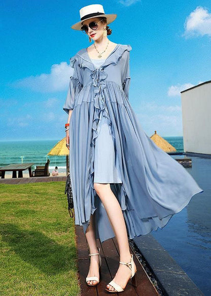 Blue Ruffled Asymmetrical Patchwork Silk Vacation Dresses Summer