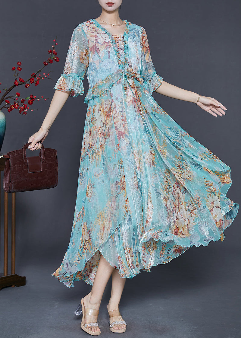Blue Ruffled Print Silk Ankle Dress Summer