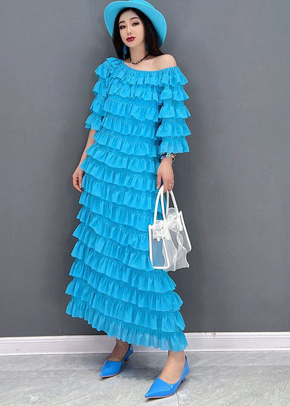 Blue Slash Neck Layered Ruffles Tulle Long Dresses Half Sleeve