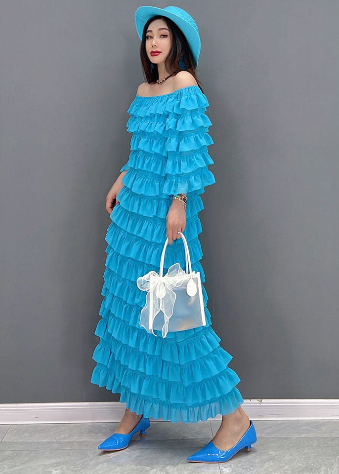 Blue Slash Neck Layered Ruffles Tulle Long Dresses Half Sleeve