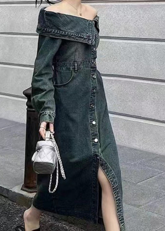 Blue Slash Neck Patchwork Side Open Denim Long Dresse Puff Sleeve