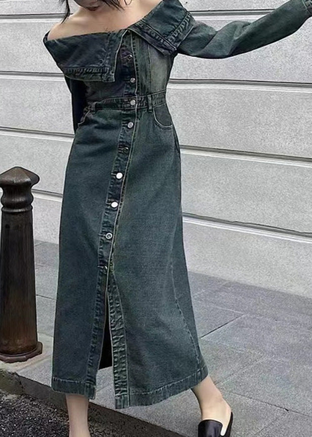 Blue Slash Neck Patchwork Side Open Denim Long Dresse Puff Sleeve