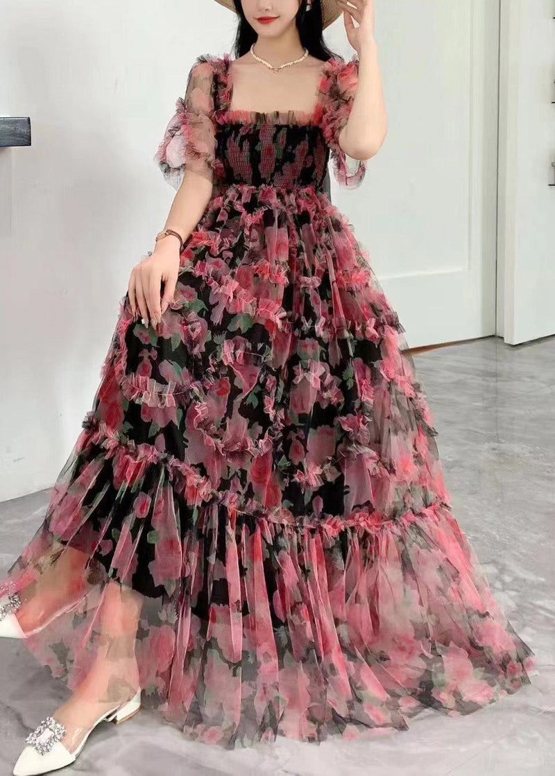 Blue Square Collar Ruffled Print Tulle Long Dress Summer