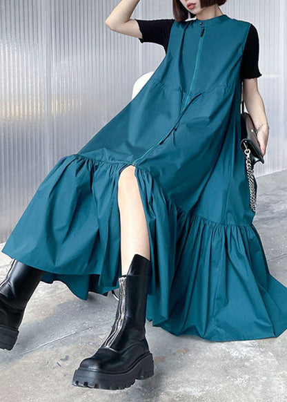 Blue Stand Collar Tie Waist Zip Up Mid Dress Spring