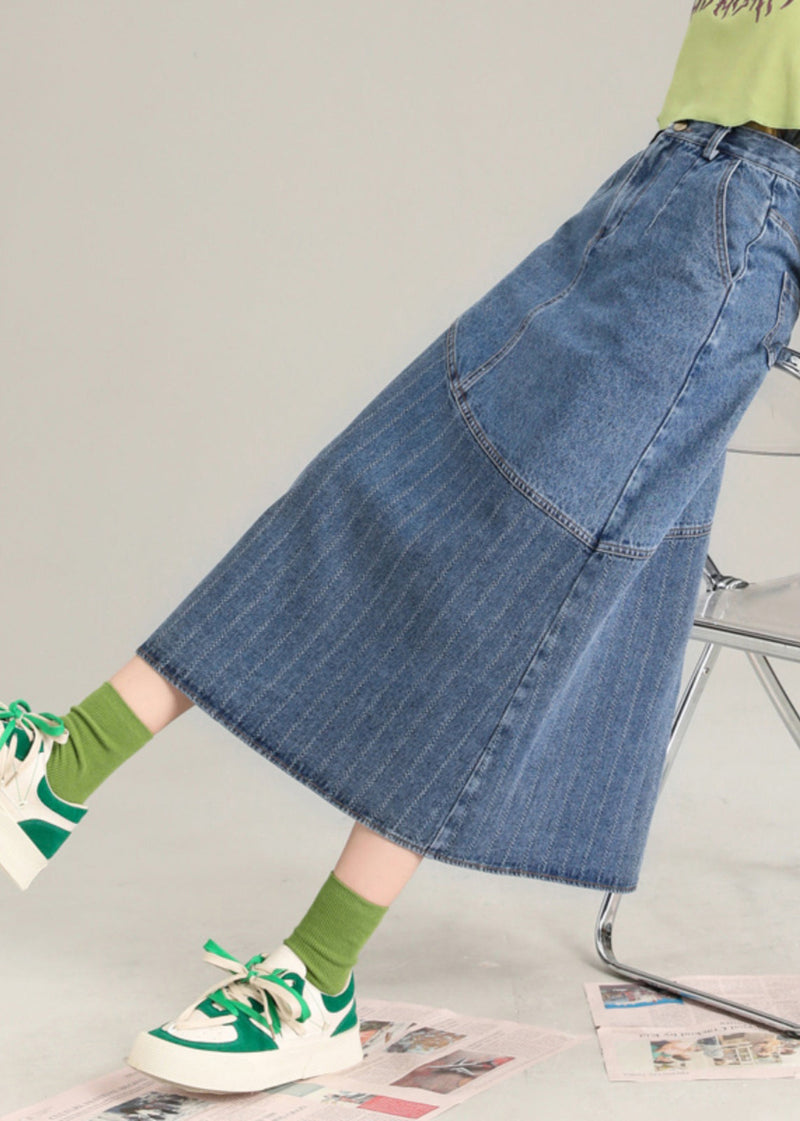 Blue Striped Patchwork Denim a Line Skirt Spring