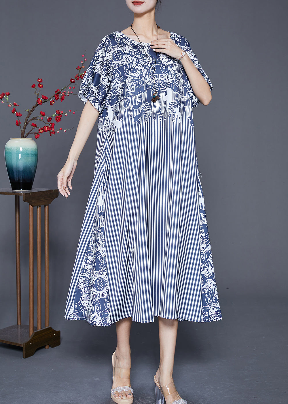 Blue Striped Patchwork Exra Large Hem Silk Robe Dresses Summer