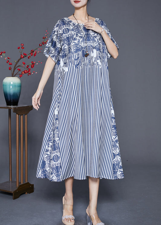 Blue Striped Patchwork Exra Large Hem Silk Robe Dresses Summer