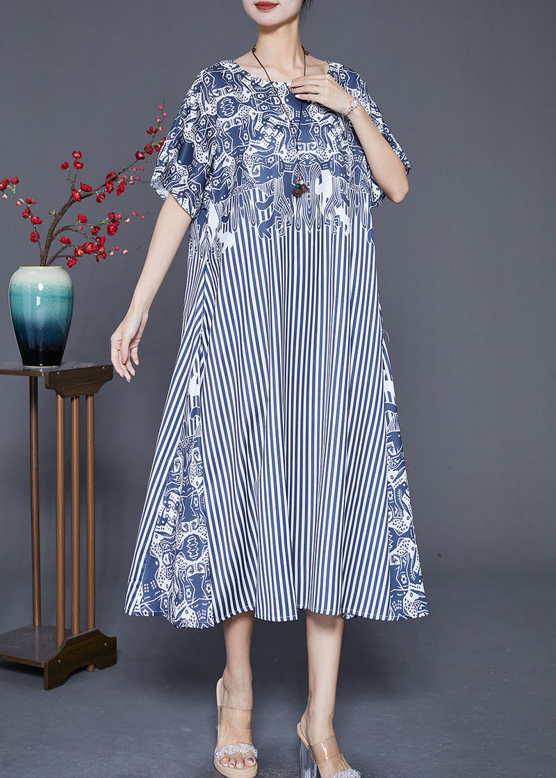 Blue Striped Patchwork Exra Large Hem Silk Robe Dresses Summer