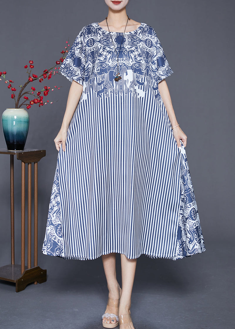Blue Striped Patchwork Exra Large Hem Silk Robe Dresses Summer
