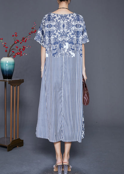 Blue Striped Patchwork Exra Large Hem Silk Robe Dresses Summer