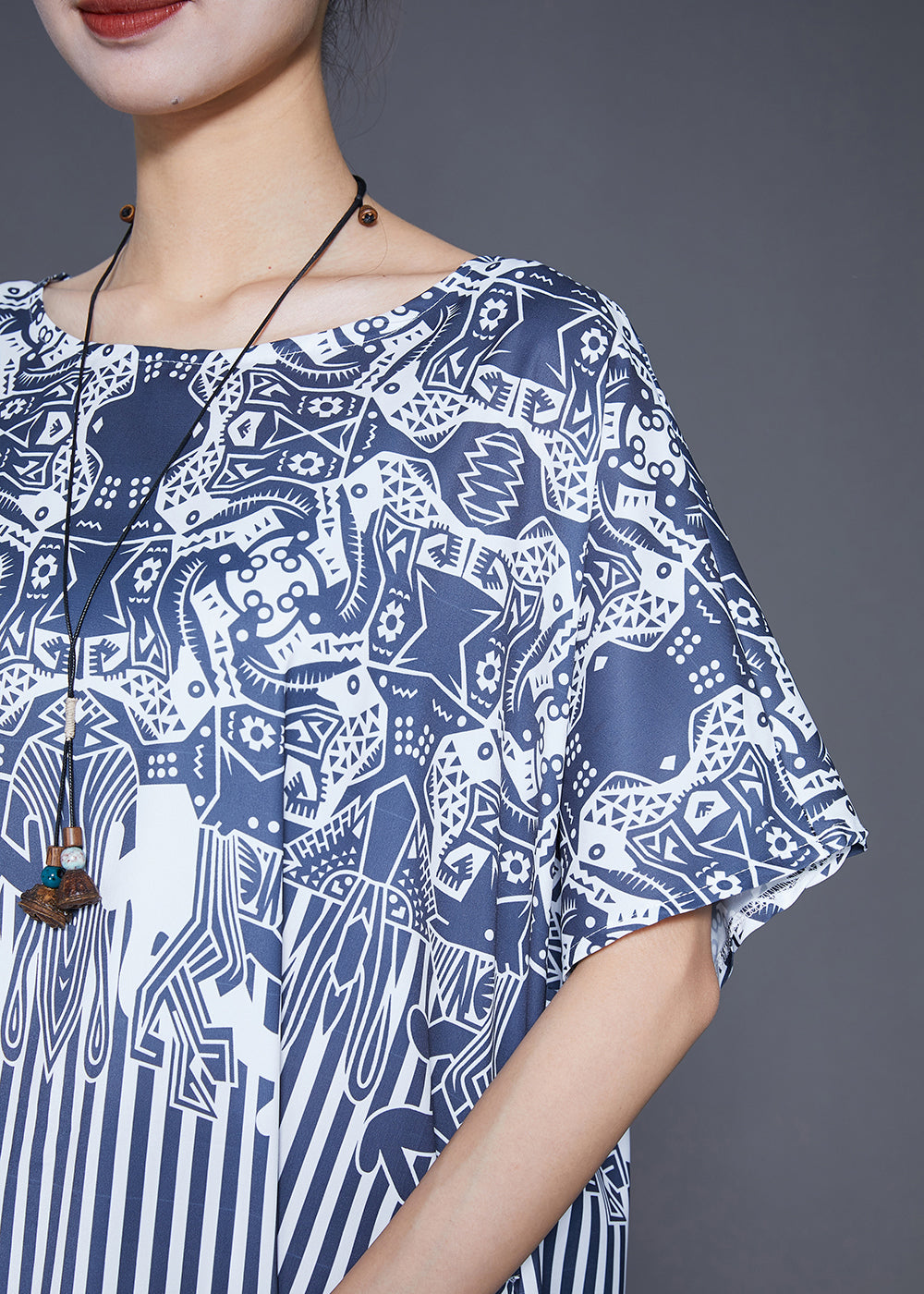 Blue Striped Patchwork Exra Large Hem Silk Robe Dresses Summer