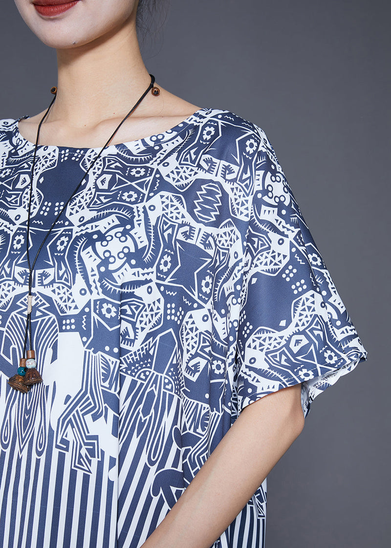 Blue Striped Patchwork Exra Large Hem Silk Robe Dresses Summer