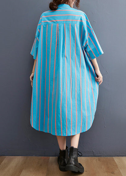 Blue Striped Peter Pan Collar Button Tie Waist Shirt Dress Half Sleeve