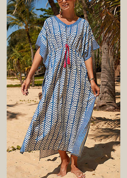 Blue Striped Print Drawstring Long Holiday Dress Summer