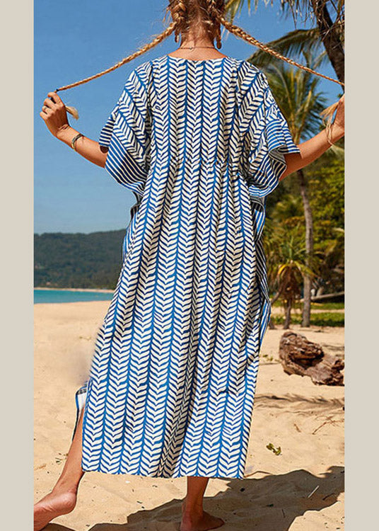 Blue Striped Print Drawstring Long Holiday Dress Summer