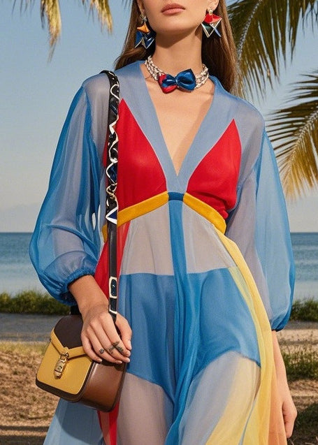 Blue V Neck Patchwork Tulle Maxi Dresses Summer