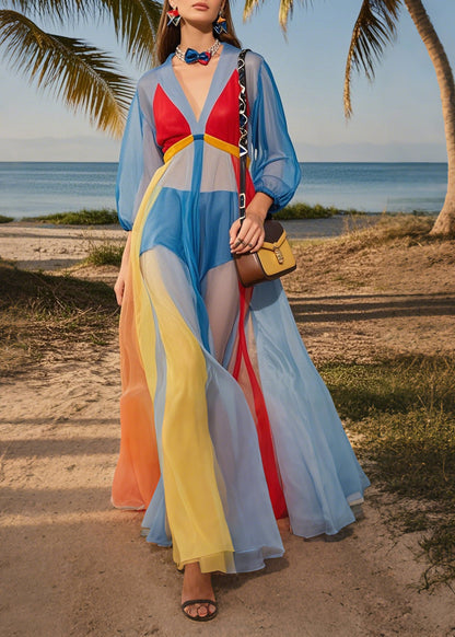Blue V Neck Patchwork Tulle Maxi Dresses Summer