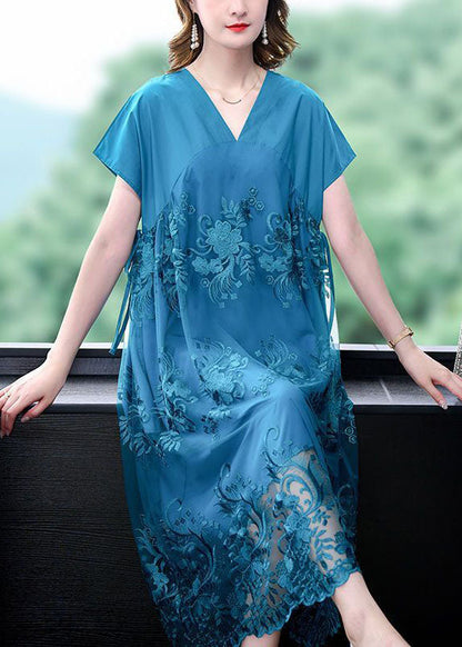 Blue V Neck Patchwork Tulle Silk Dresses Summer
