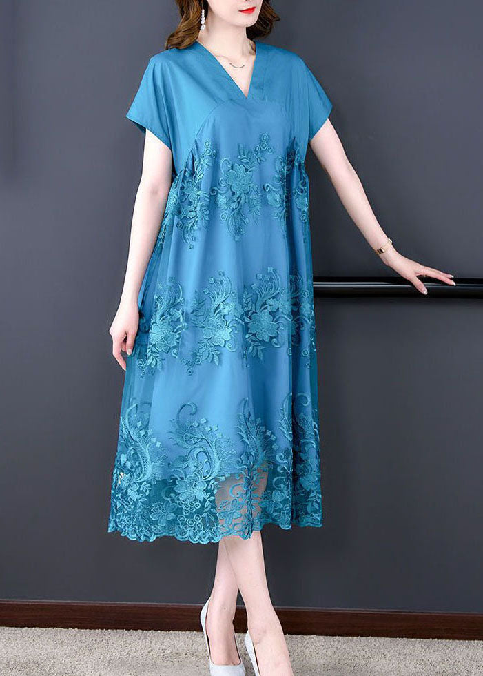 Blue V Neck Patchwork Tulle Silk Dresses Summer