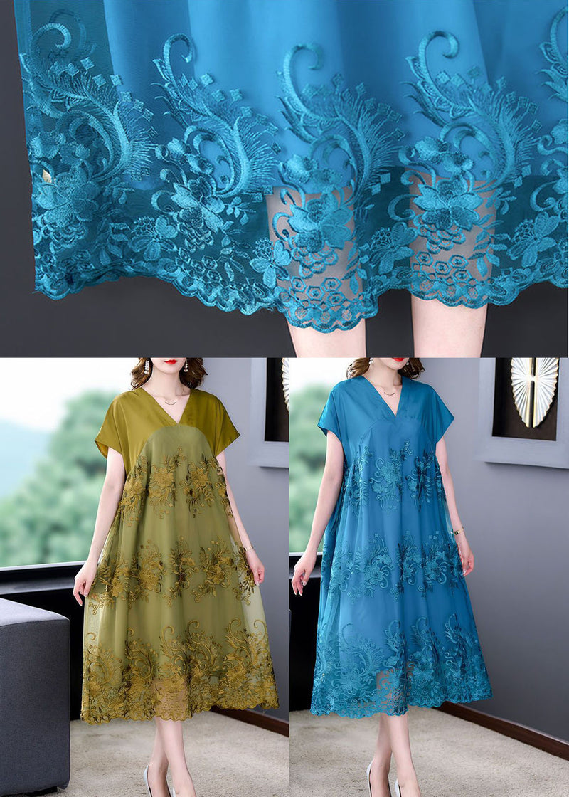 Blue V Neck Patchwork Tulle Silk Dresses Summer