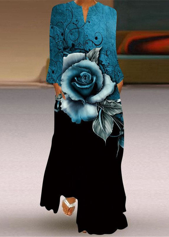Blue V Neck Print Chiffon Ankle Dress Spring