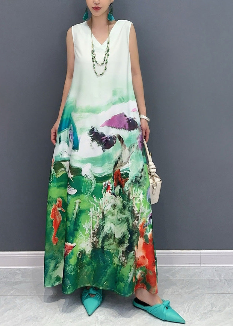 Blue V Neck Print Long Dress Sleeveless
