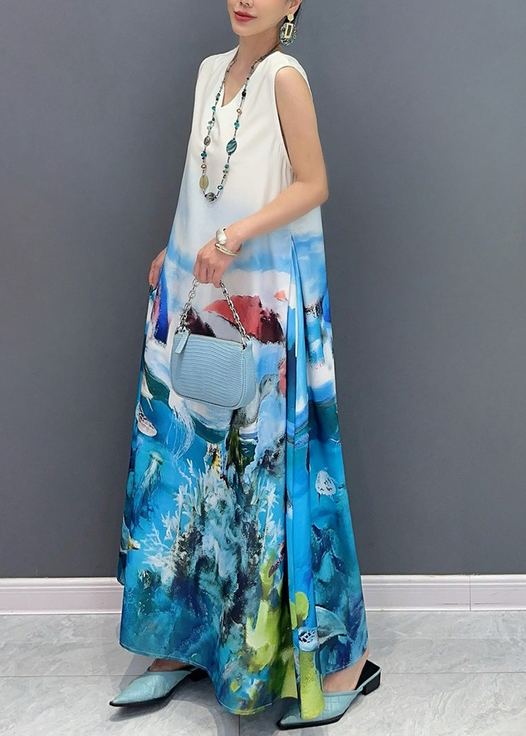 Blue V Neck Print Long Dress Sleeveless