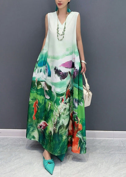 Blue V Neck Print Long Dress Sleeveless