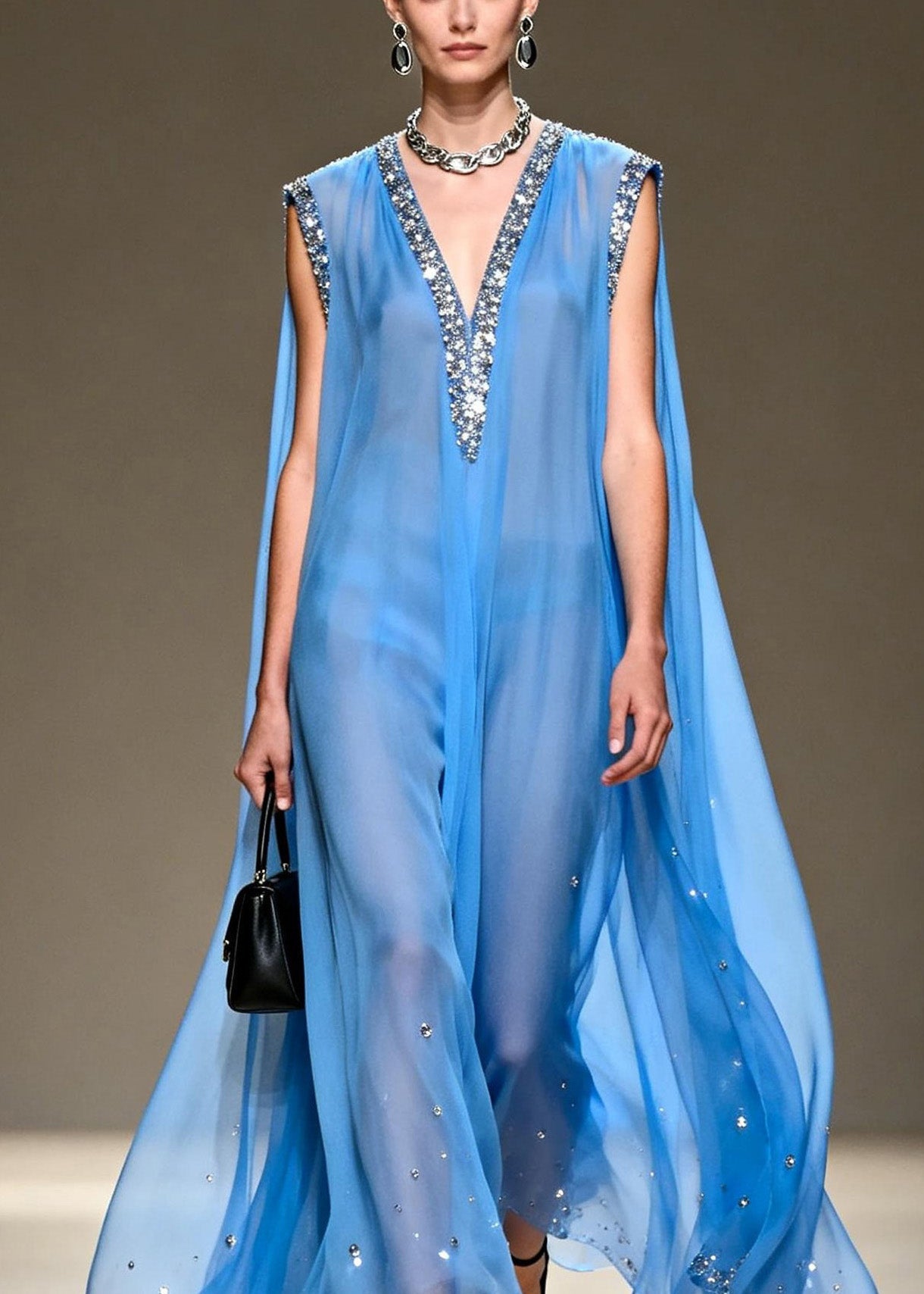 Blue V Neck Zircon Chiffon Long Dress Sleeveless