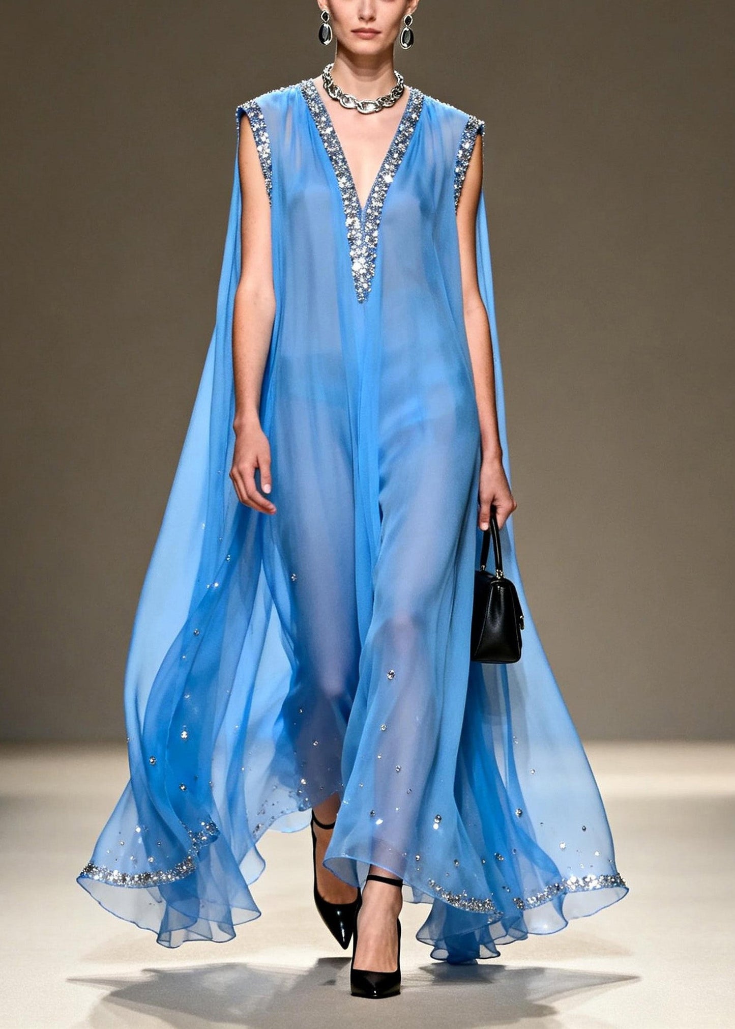Blue V Neck Zircon Chiffon Long Dress Sleeveless