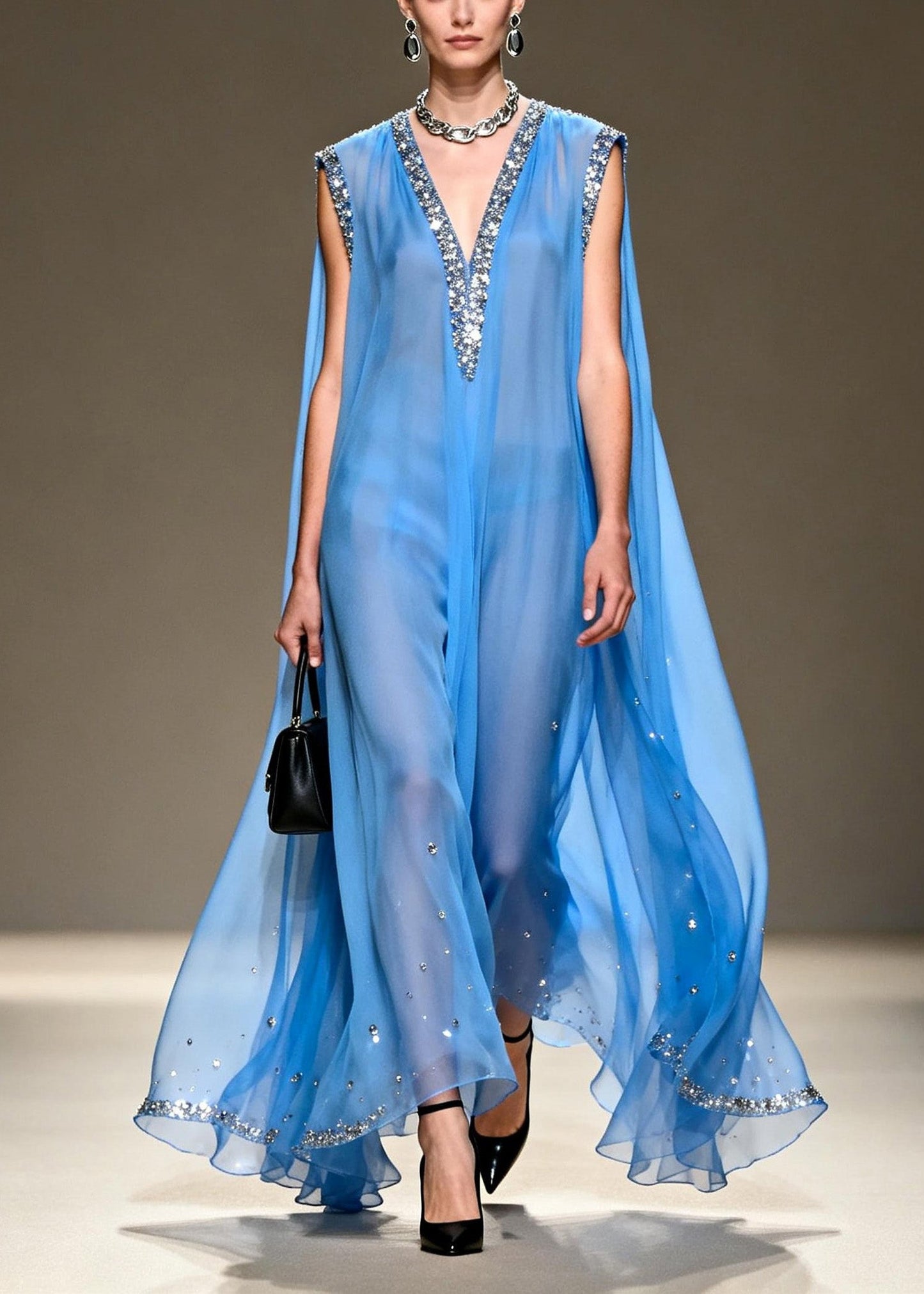 Blue V Neck Zircon Chiffon Long Dress Sleeveless