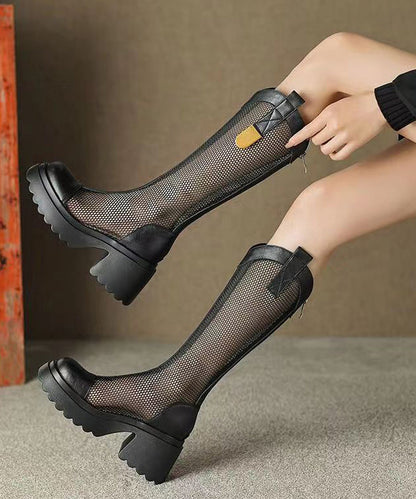 Breathable Tulle Splicing Chunky Boots Black Cowhide Leather