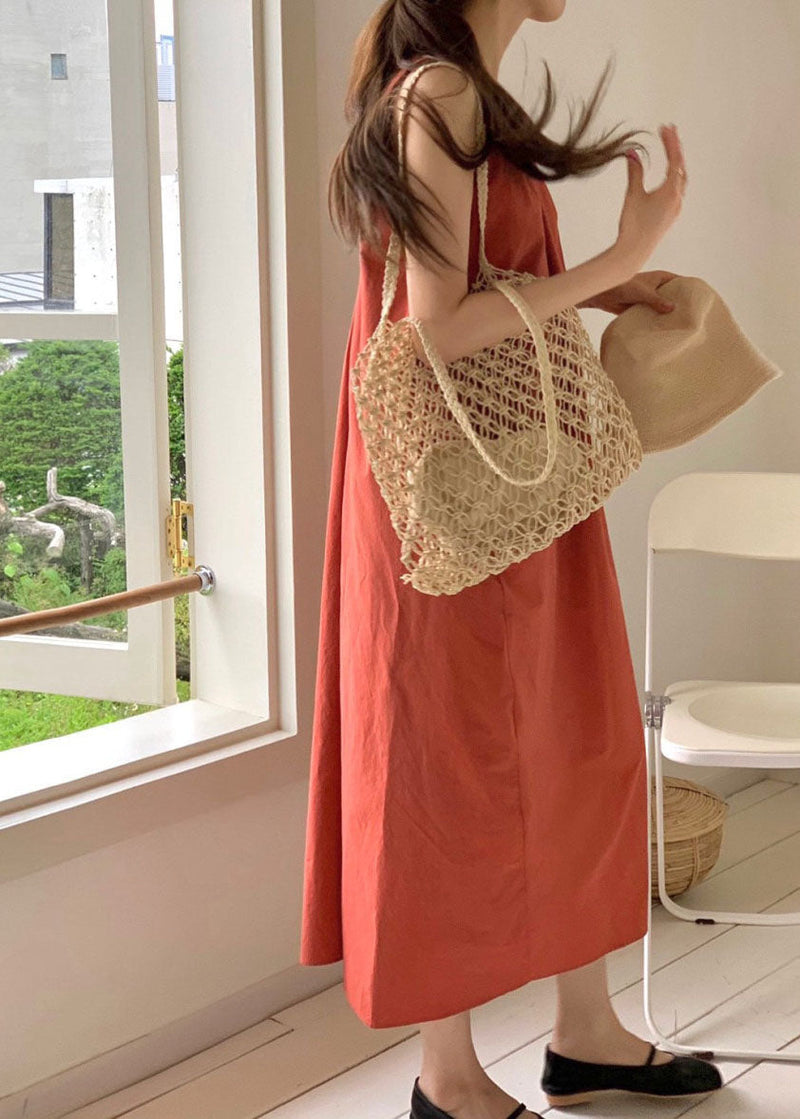 Brick Red O-neck Oversized Cotton Beach Dress Sleeveless