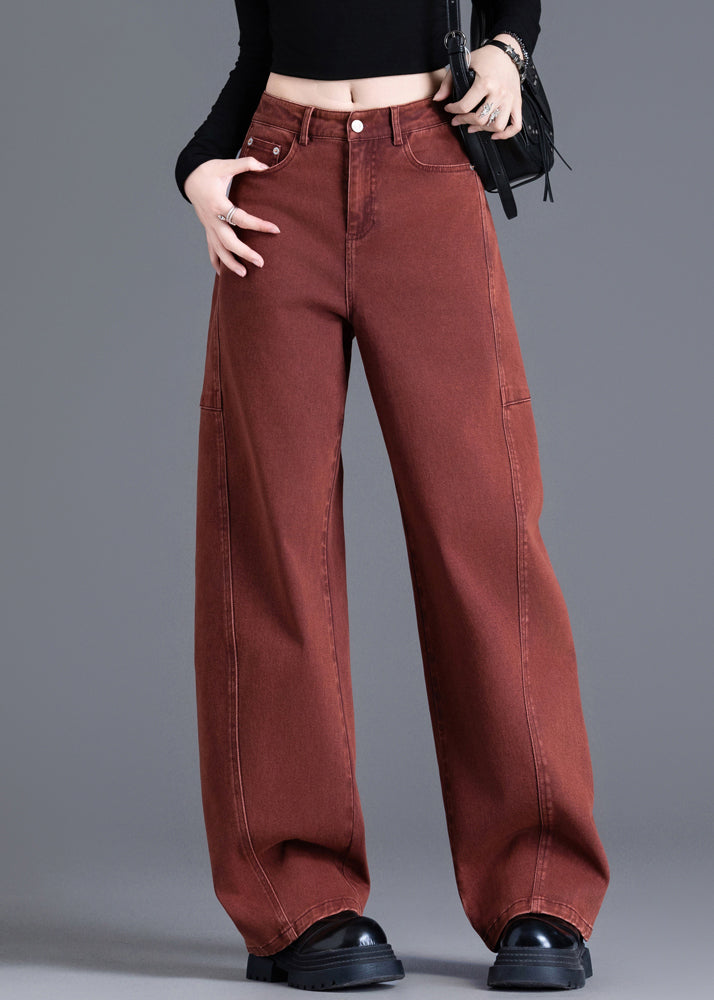 Brick Red Oversized Patchwork Denim Pants Spring