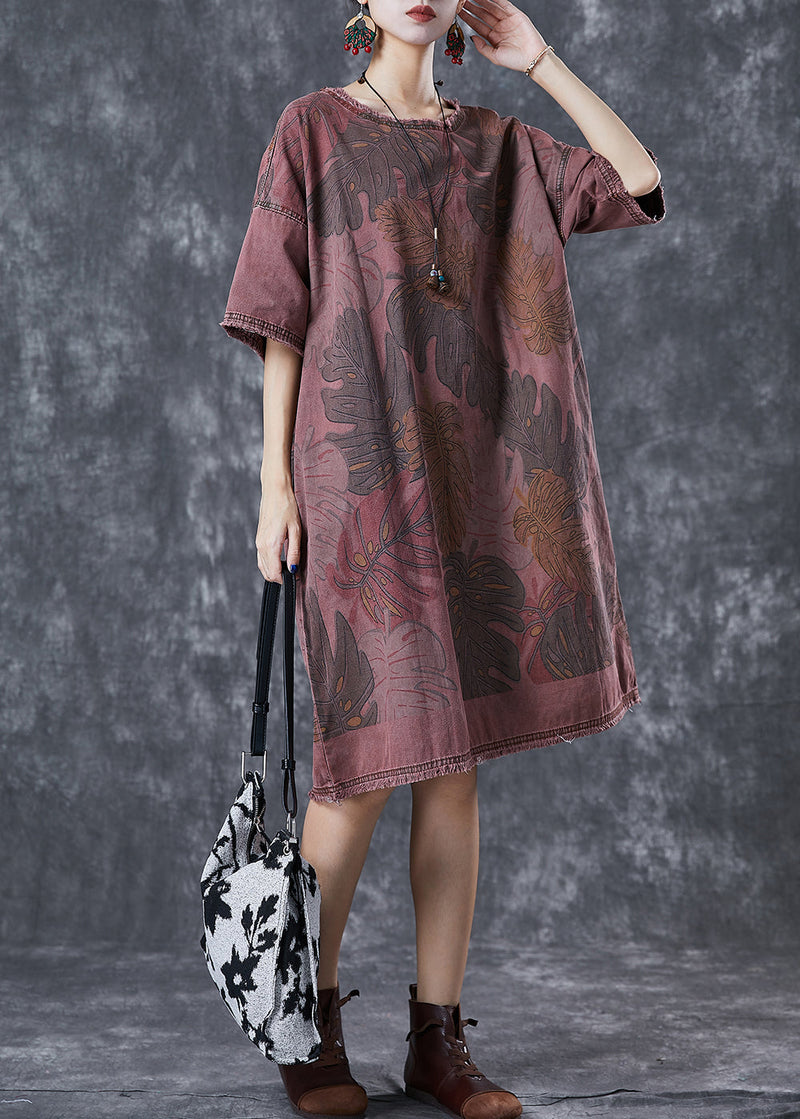 Brick Red Oversized Print Denim Dresses Winter