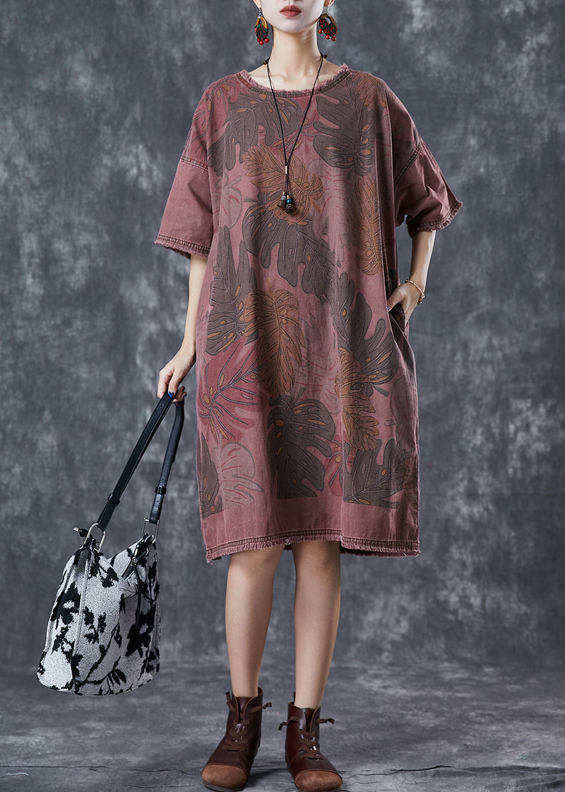 Brick Red Oversized Print Denim Dresses Winter