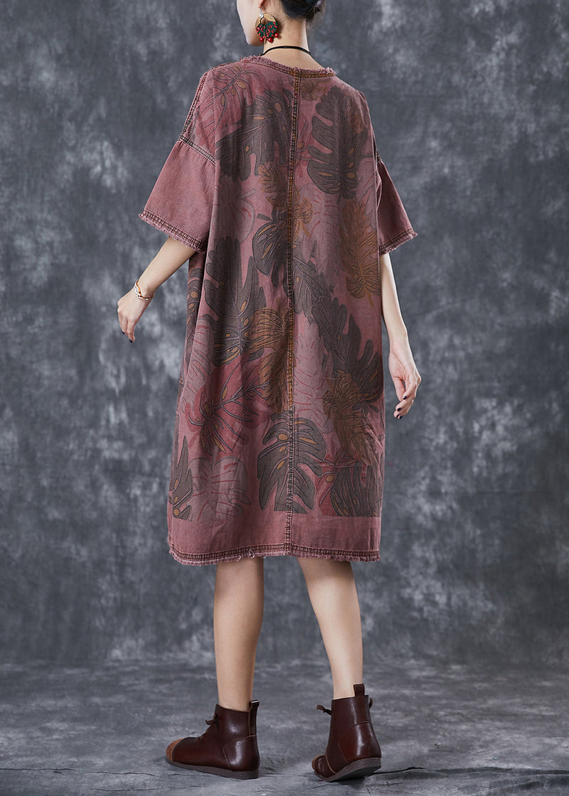 Brick Red Oversized Print Denim Dresses Winter