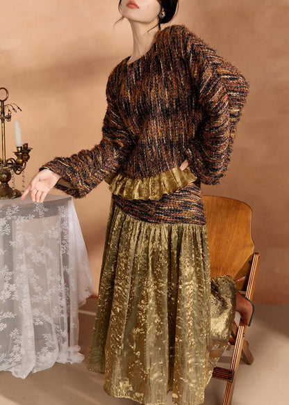 Brown Knit Sweaters and Silk Skirts Two Pieces Set Spring