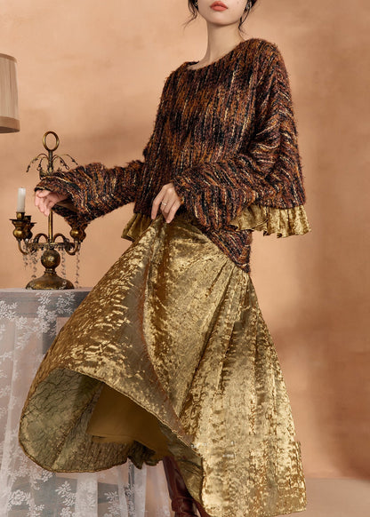 Brown Knit Sweaters and Silk Skirts Two Pieces Set Spring